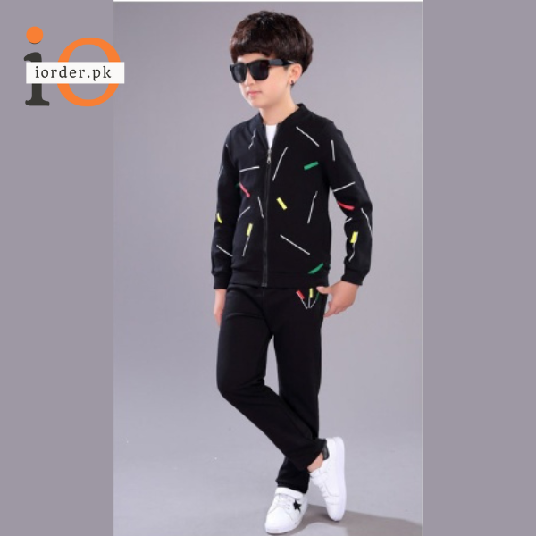 Kids Black Printed Zipper with Warm Black Trouser ( 3 Piece )