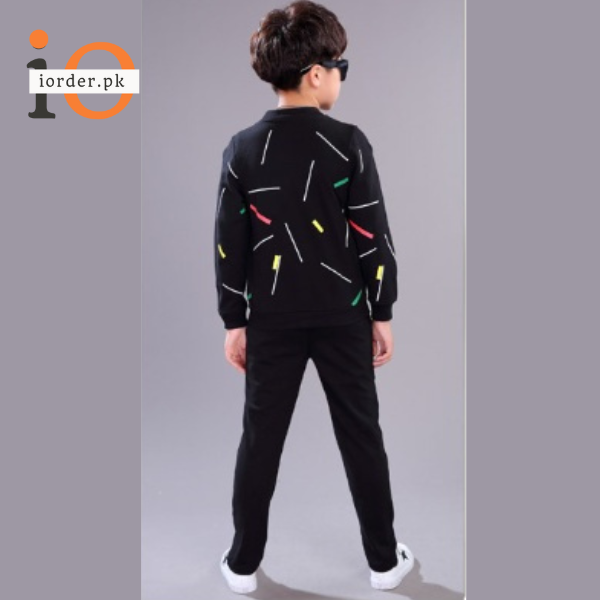 Kids Black Printed Zipper with Warm Black Trouser ( 3 Piece )