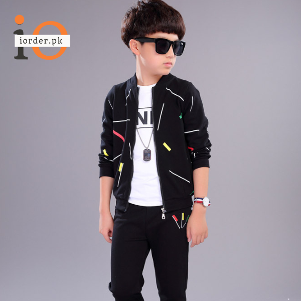 Kids Black Printed Zipper with Warm Black Trouser ( 3 Piece )