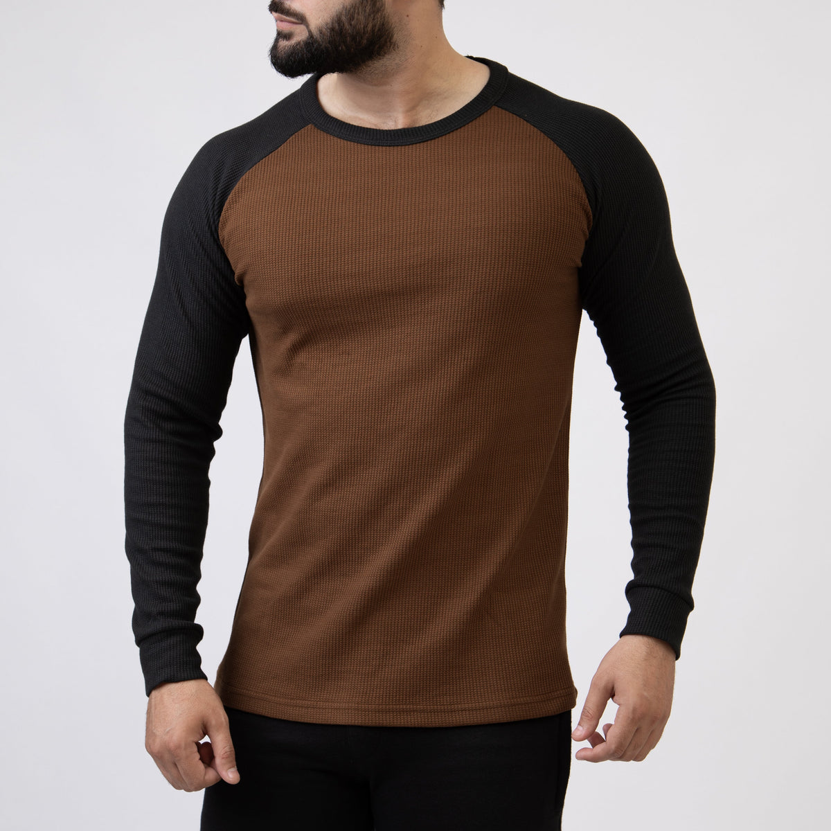 Caramel Brown &amp; Black Thermal Waffle-Knit Raglan