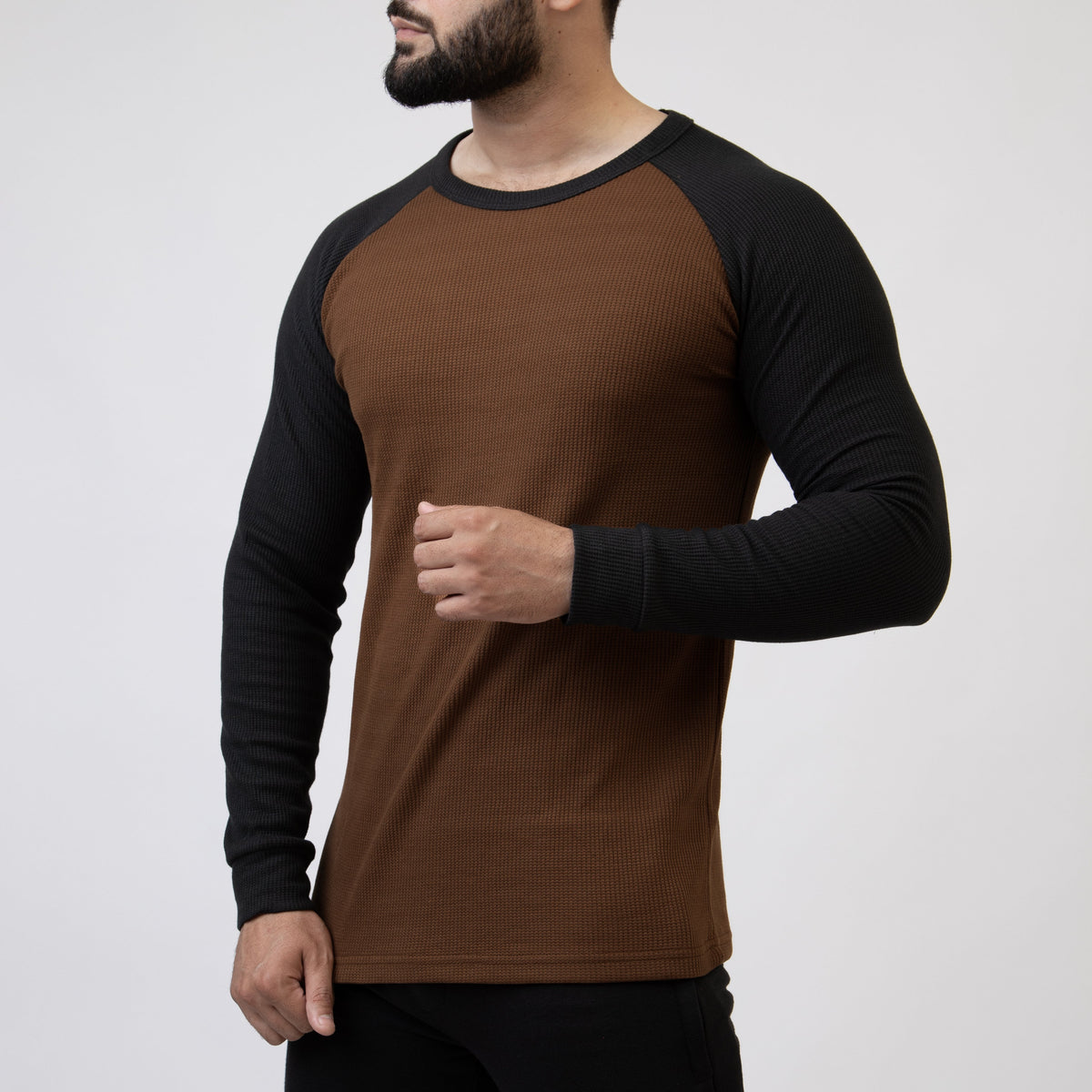 Caramel Brown &amp; Black Thermal Waffle-Knit Raglan