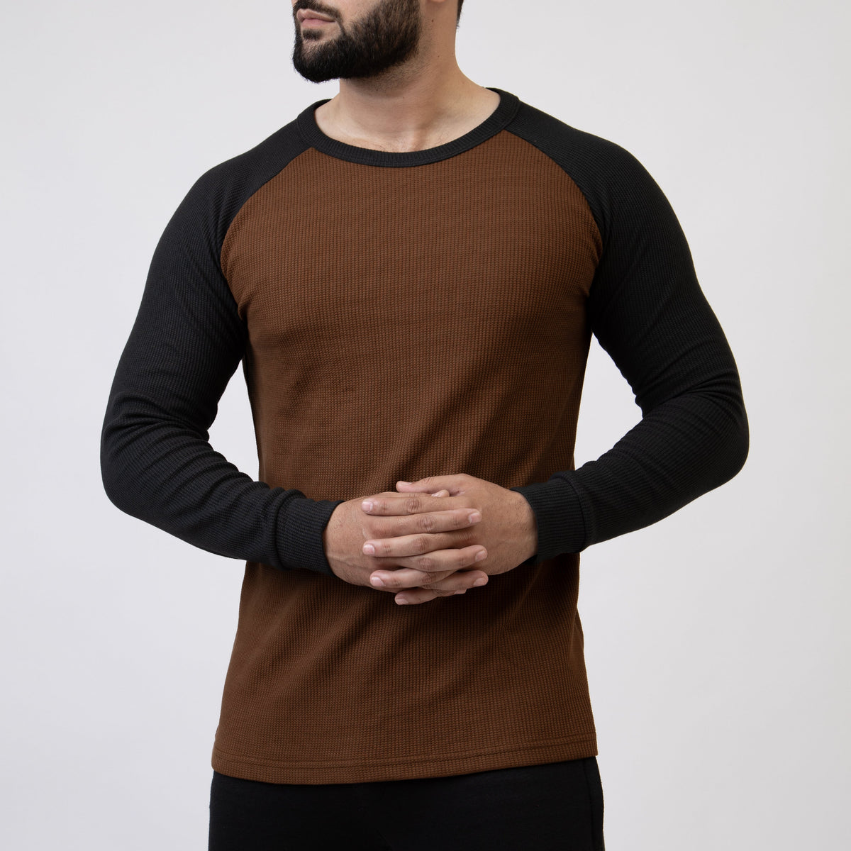 Caramel Brown &amp; Black Thermal Waffle-Knit Raglan