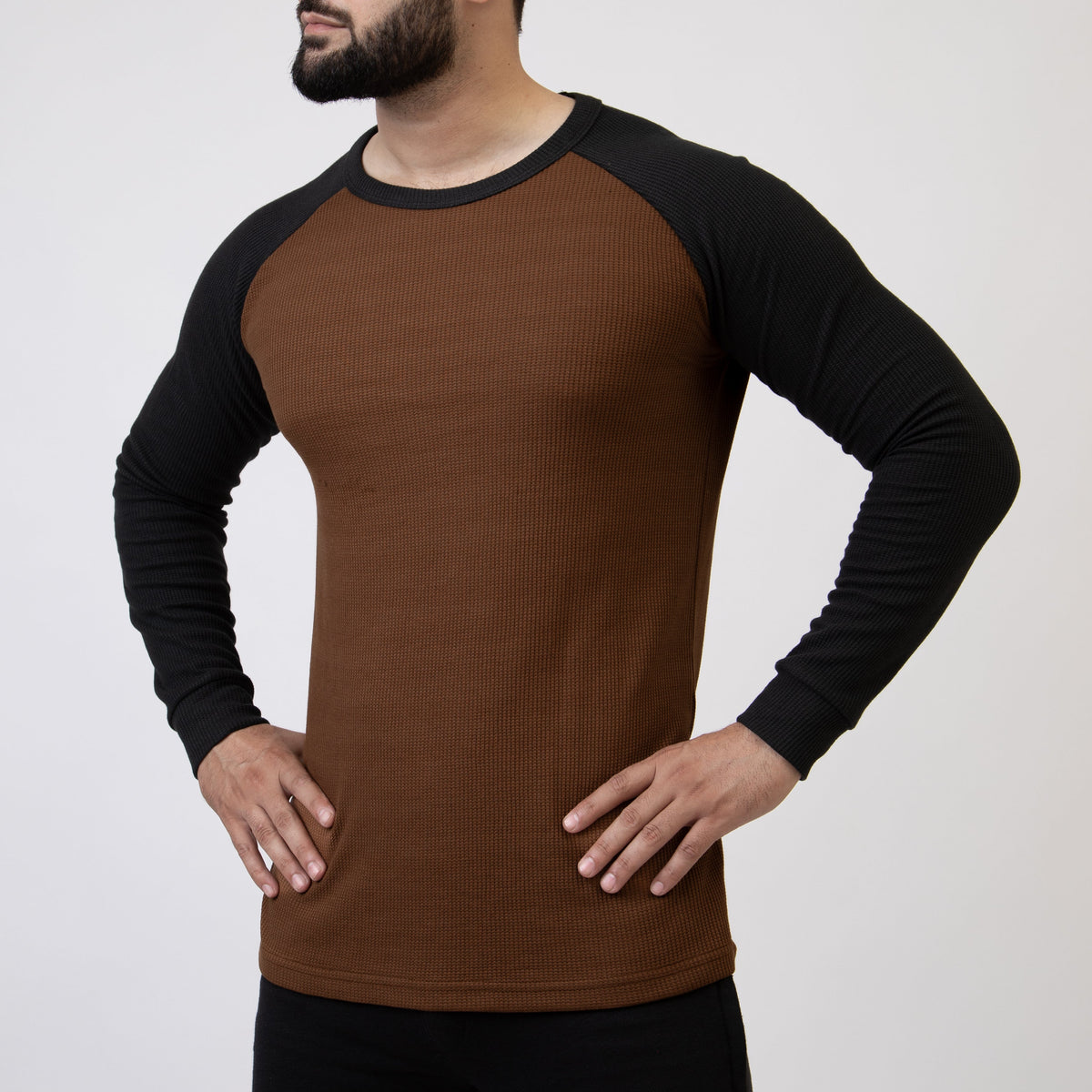 Caramel Brown &amp; Black Thermal Waffle-Knit Raglan