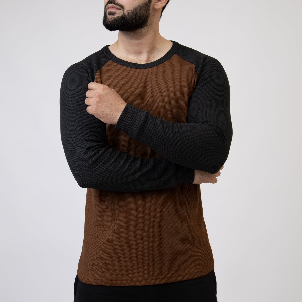 Caramel Brown &amp; Black Thermal Waffle-Knit Raglan