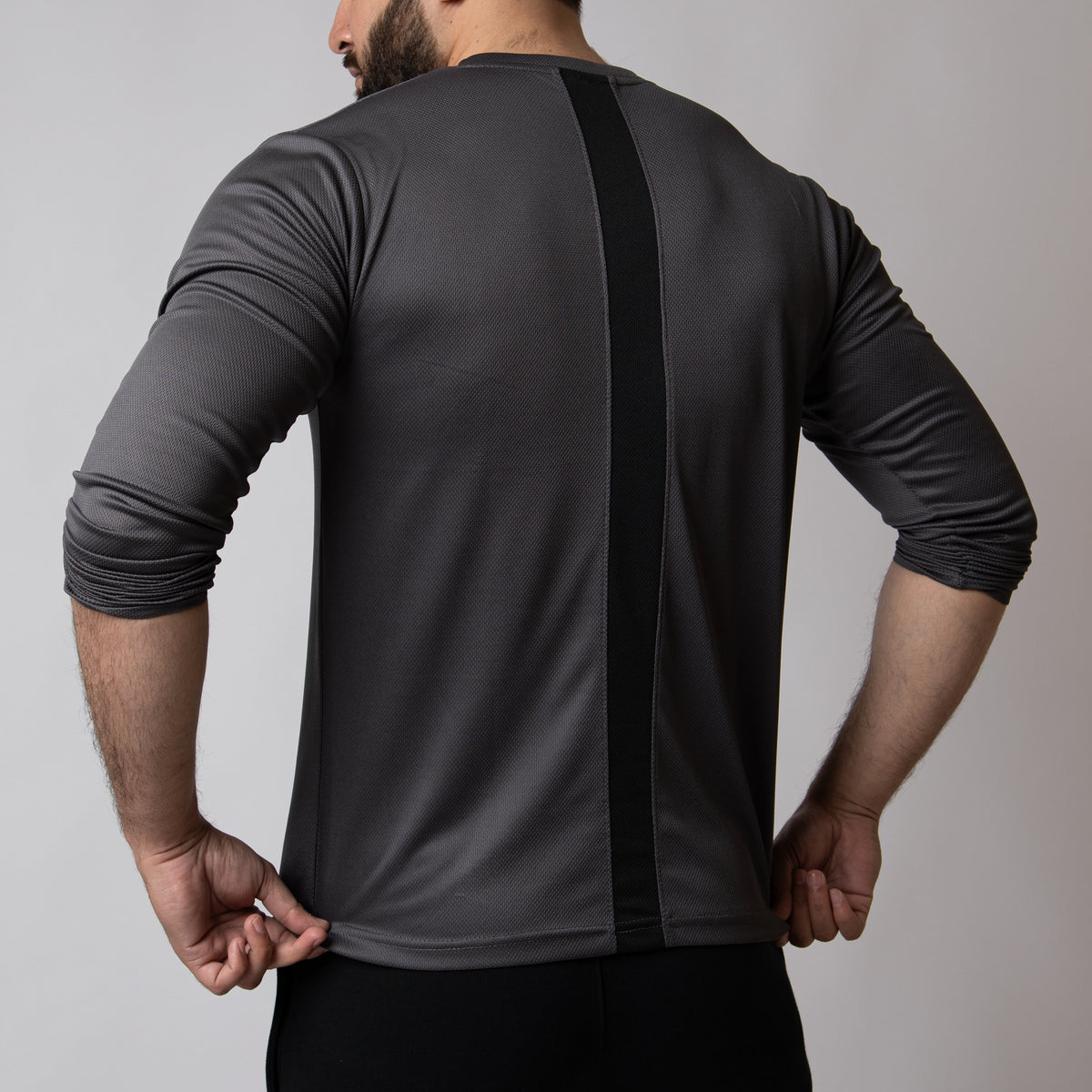 Gray Mesh Full Sleeves T-Shirt with Back Black Panel