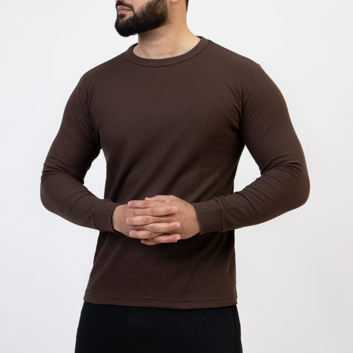 Dark Brown Thermal Full Sleeves Waffle-Knit