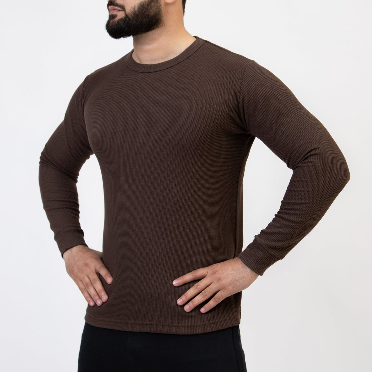 Dark Brown Thermal Full Sleeves Waffle-Knit