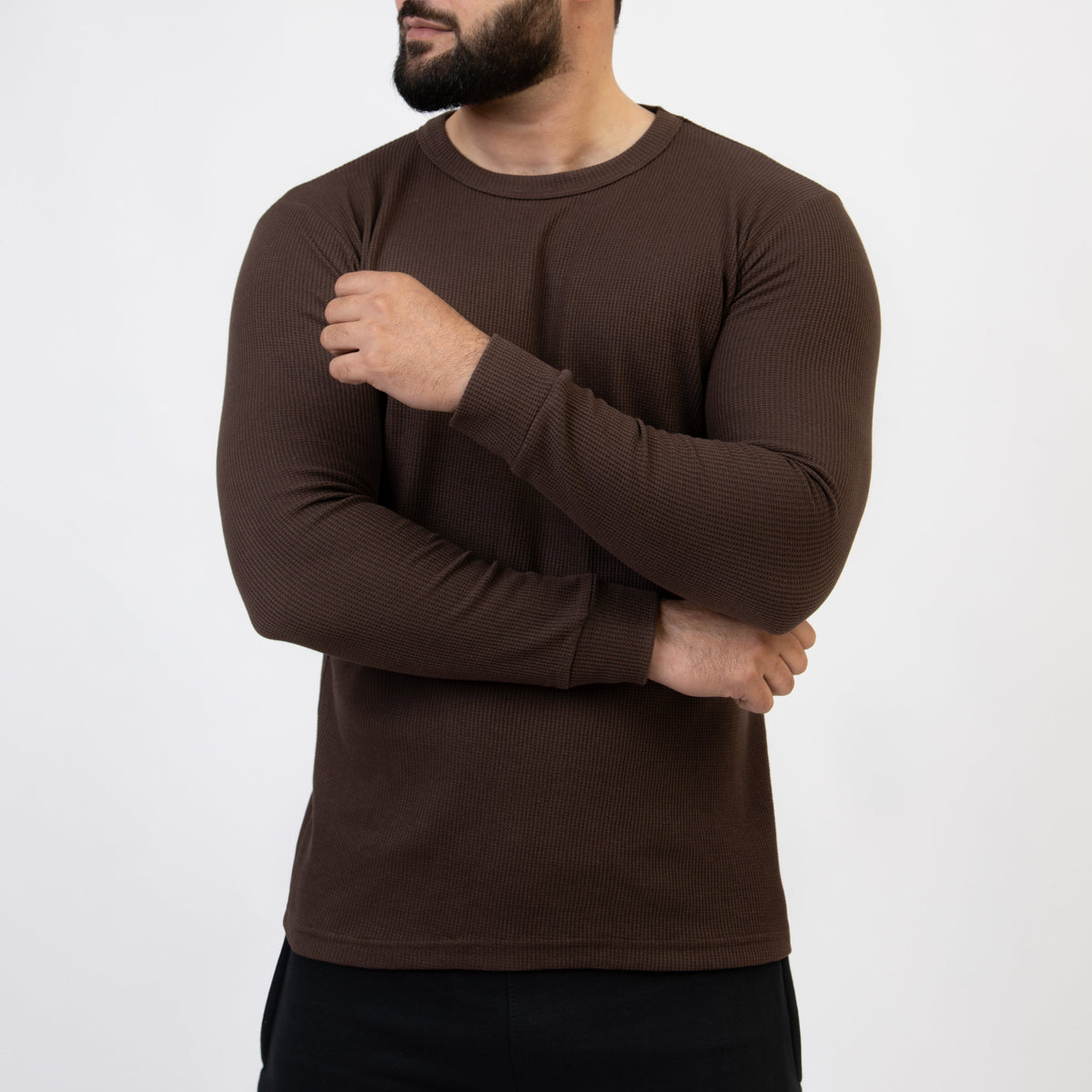 Dark Brown Thermal Full Sleeves Waffle-Knit