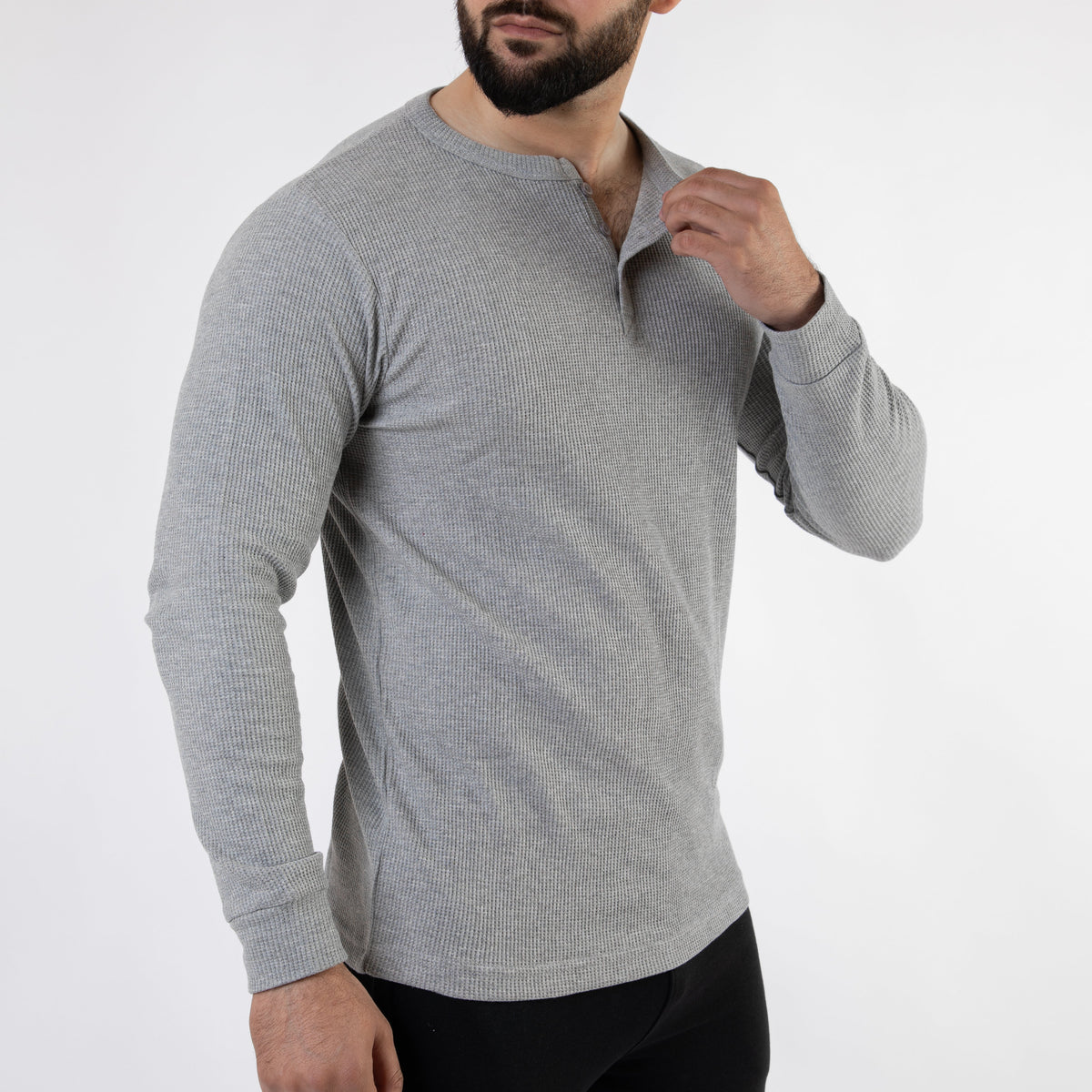 Gray Thermal Waffle-Knit Henley