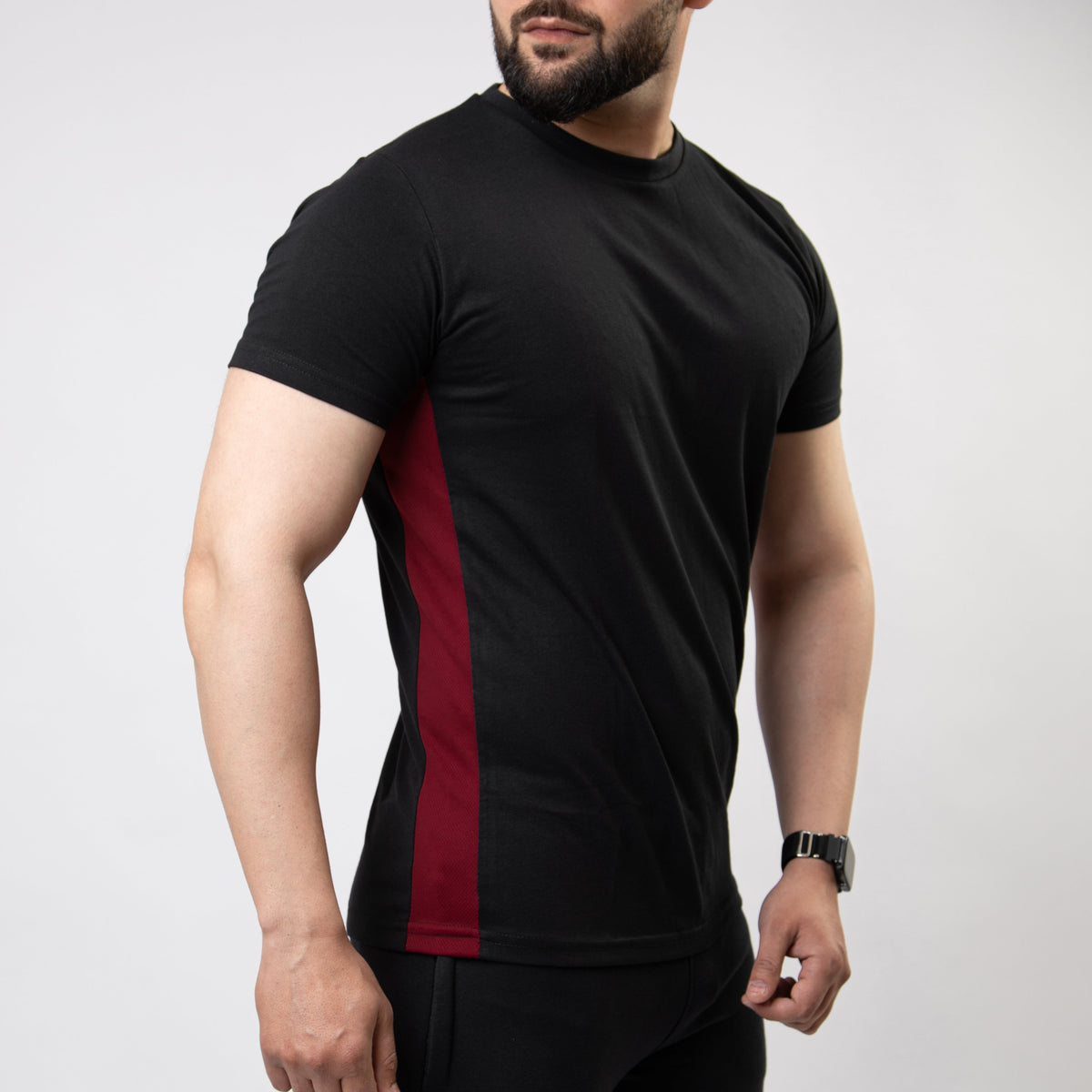 Black Hybrid T-Shirt with Maroon Mesh Panel