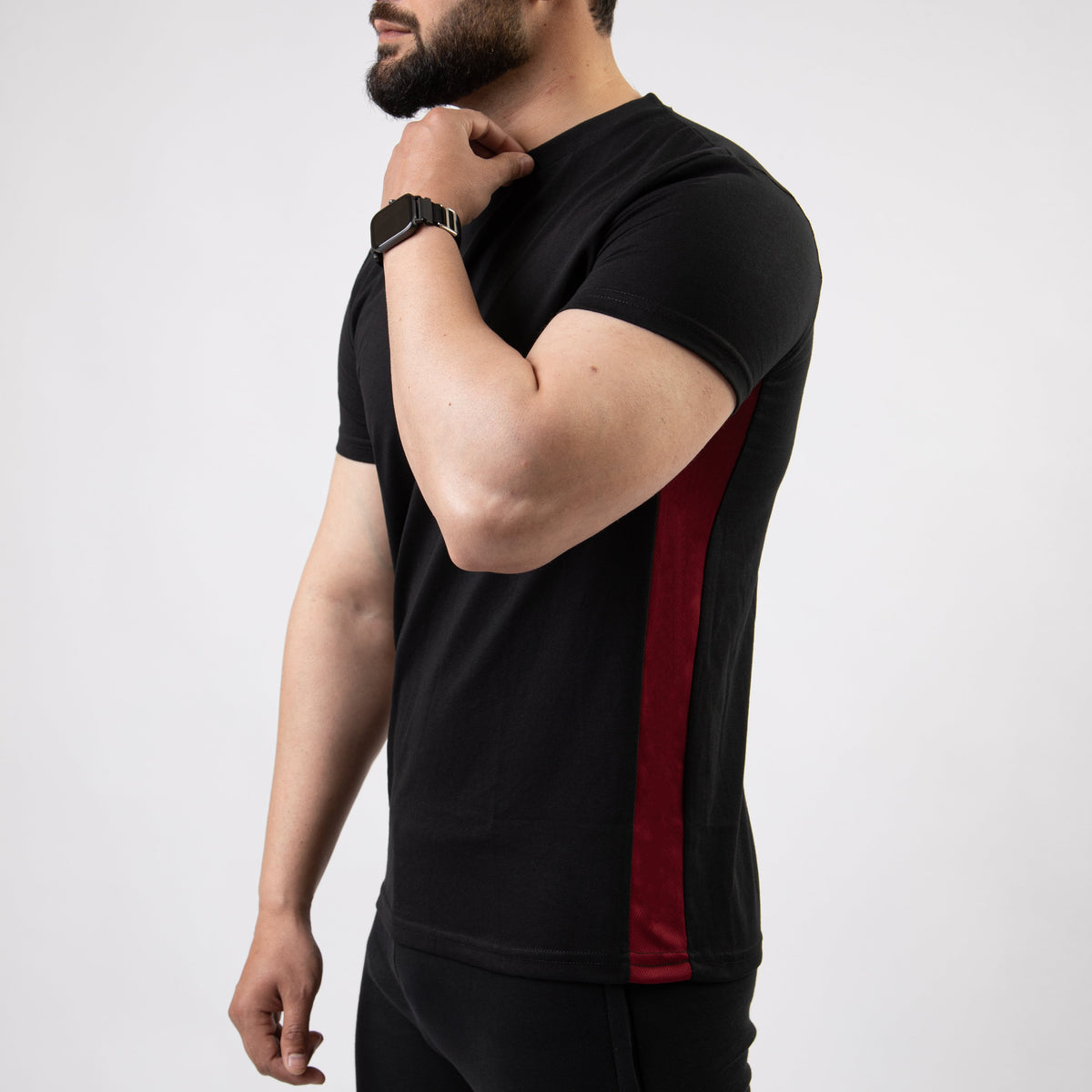 Black Hybrid T-Shirt with Maroon Mesh Panel