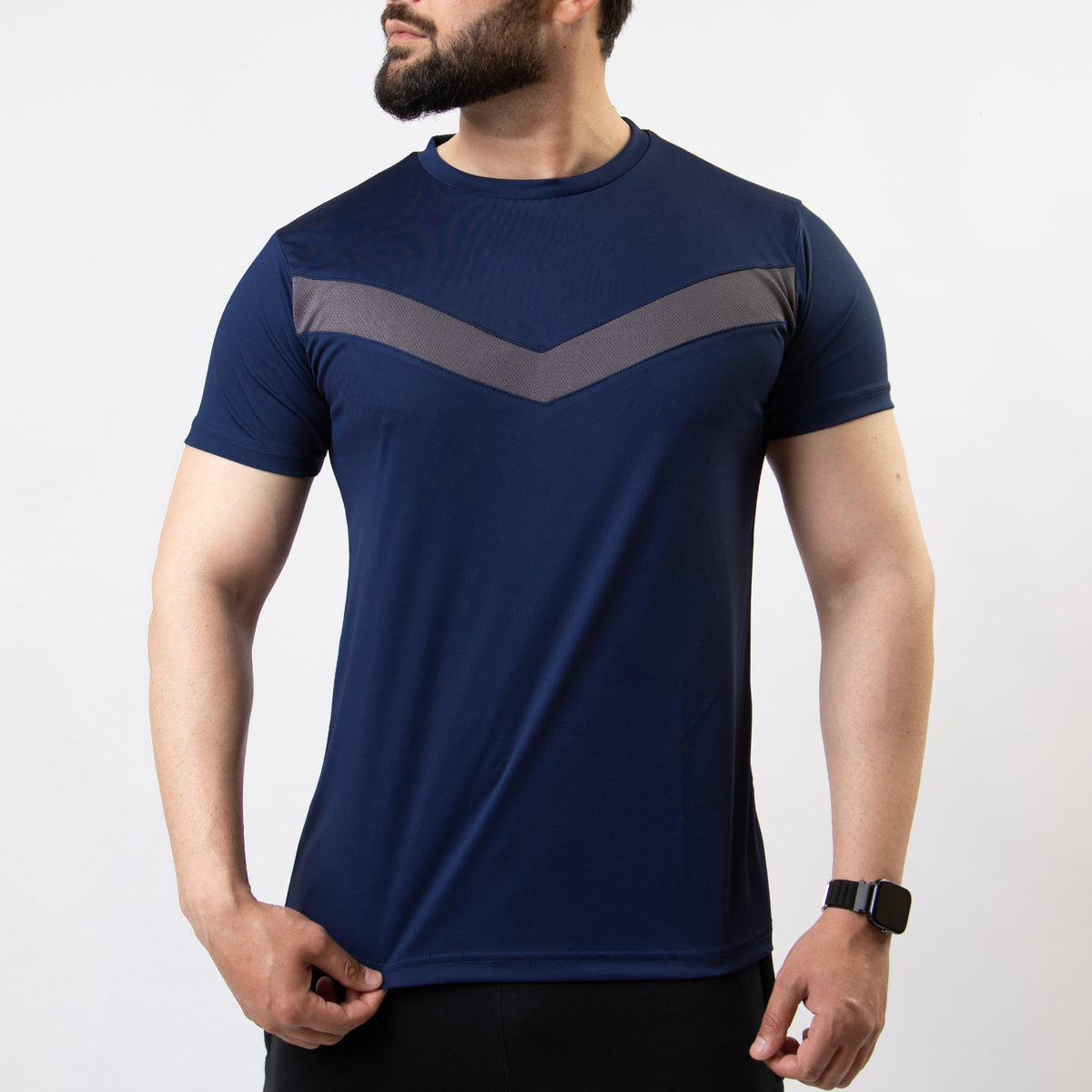 Navy Hybrid Quick Dry Tee with Front Gray V Mesh Panel