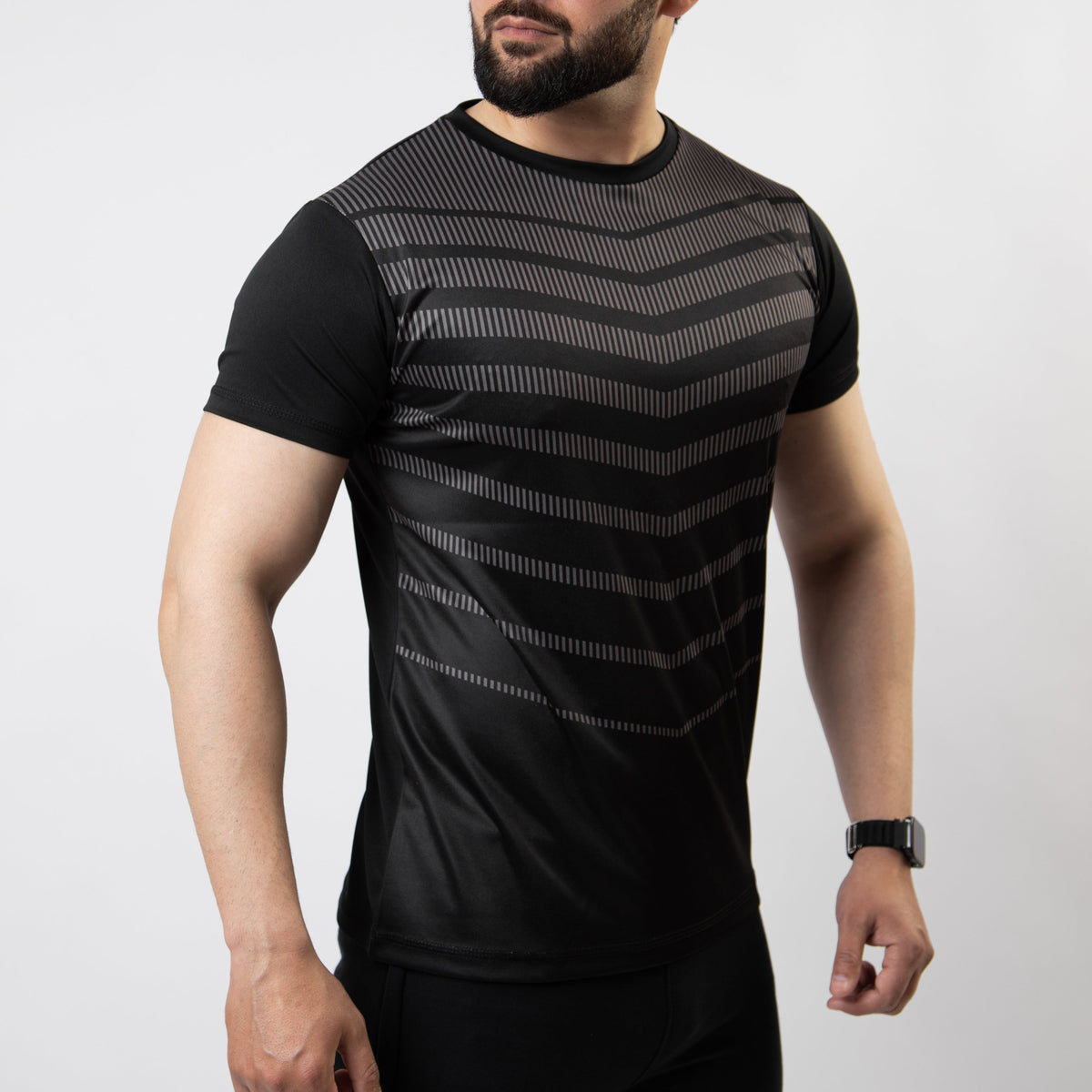 Black Sublimated Quick Dry T-Shirt with Gray Armor Stripes