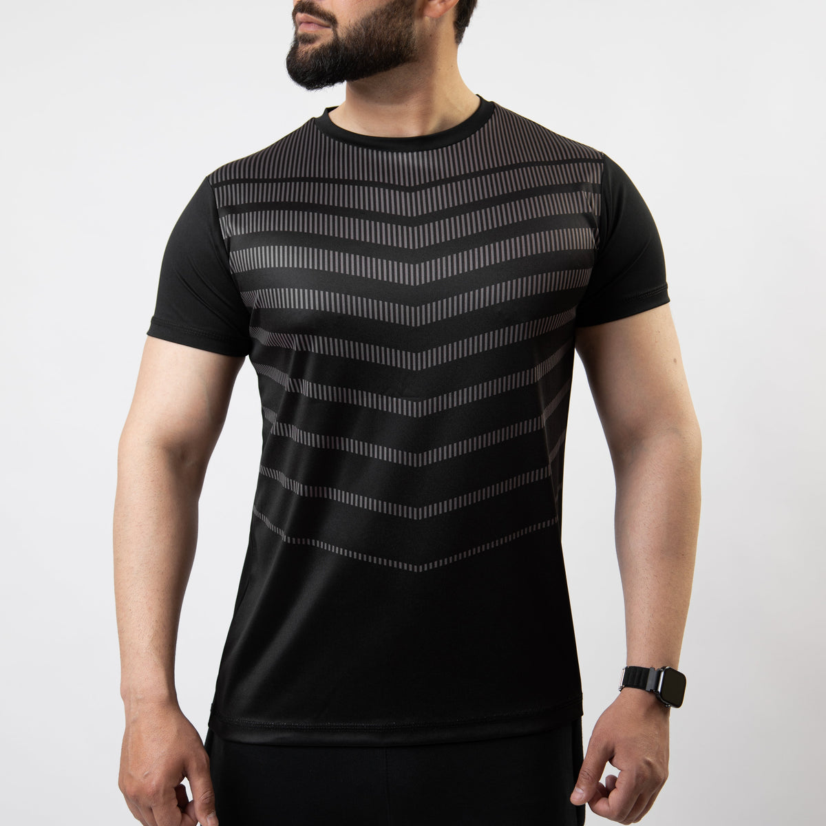 Black Sublimated Quick Dry T-Shirt with Gray Armor Stripes