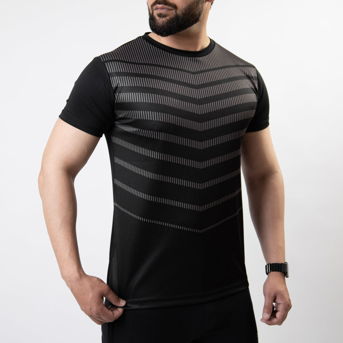 Black Sublimated Quick Dry T-Shirt with Gray Armor Stripes