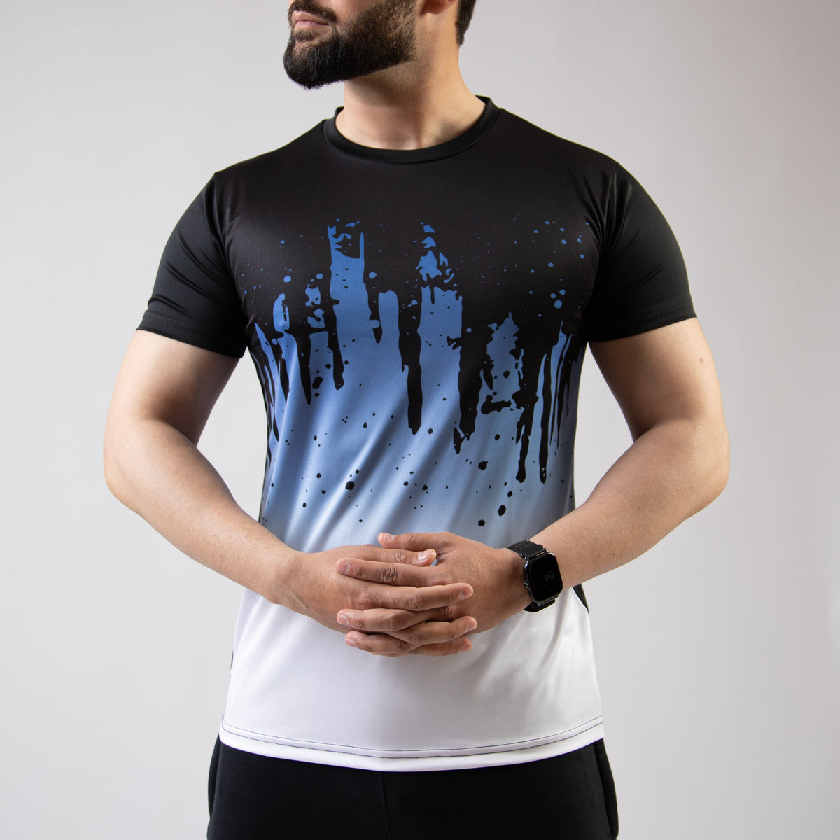 Black &amp; White Splash with Blue Gradient Sublimated Quick Dry T-Shirt