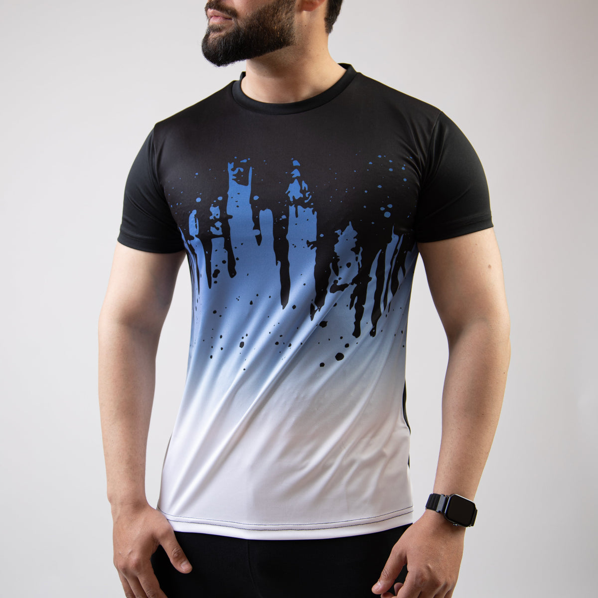 Black &amp; White Splash with Blue Gradient Sublimated Quick Dry T-Shirt