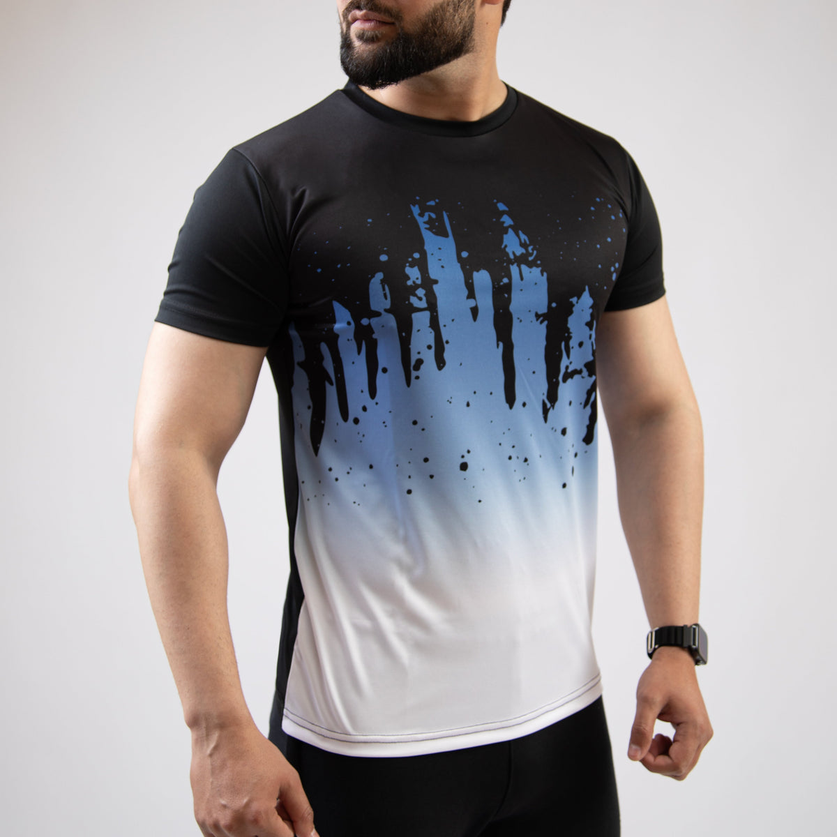 Black &amp; White Splash with Blue Gradient Sublimated Quick Dry T-Shirt