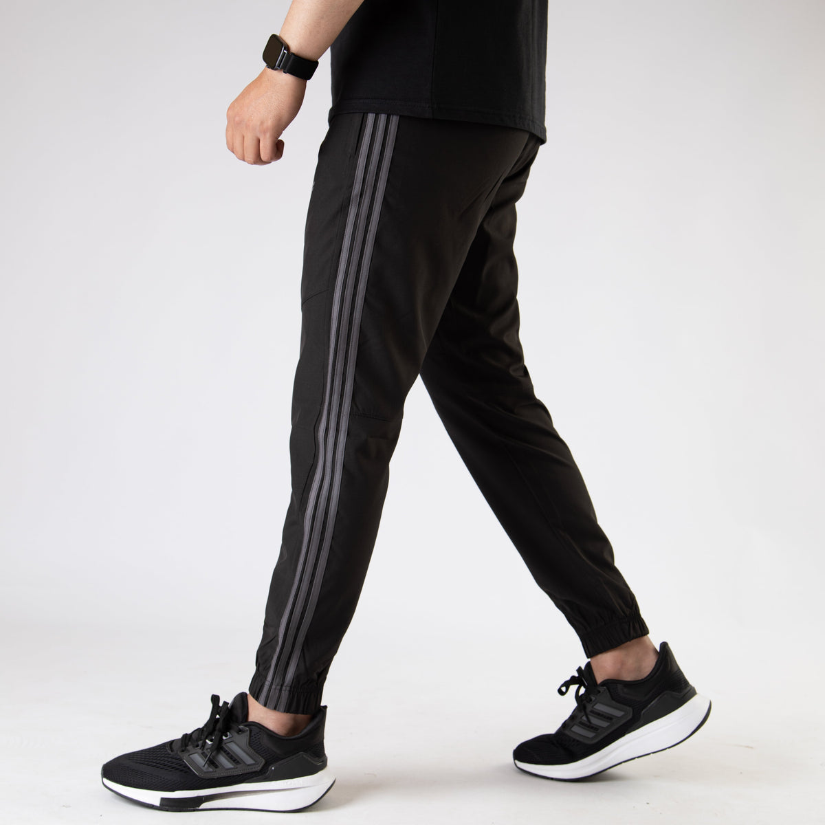 Black Premium Micro Stretch Pants with Three Gray Stripes