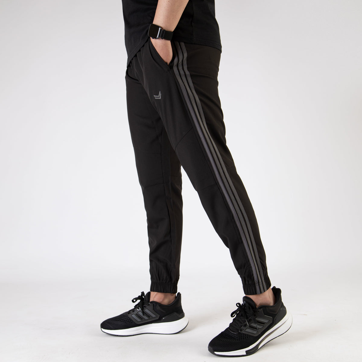 Black Premium Micro Stretch Pants with Three Gray Stripes