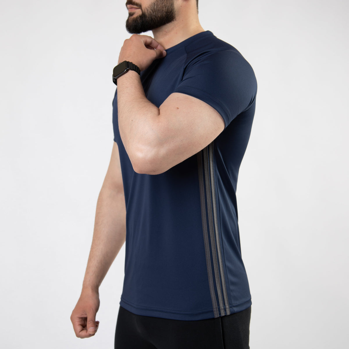 Navy Quick Dry Tee with Forward Three Gray Stripes