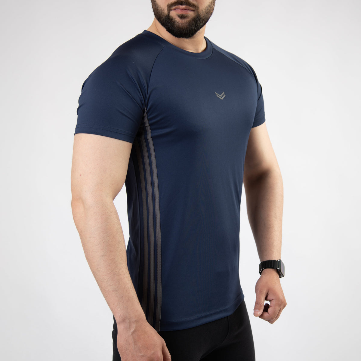 Navy Quick Dry Tee with Forward Three Gray Stripes