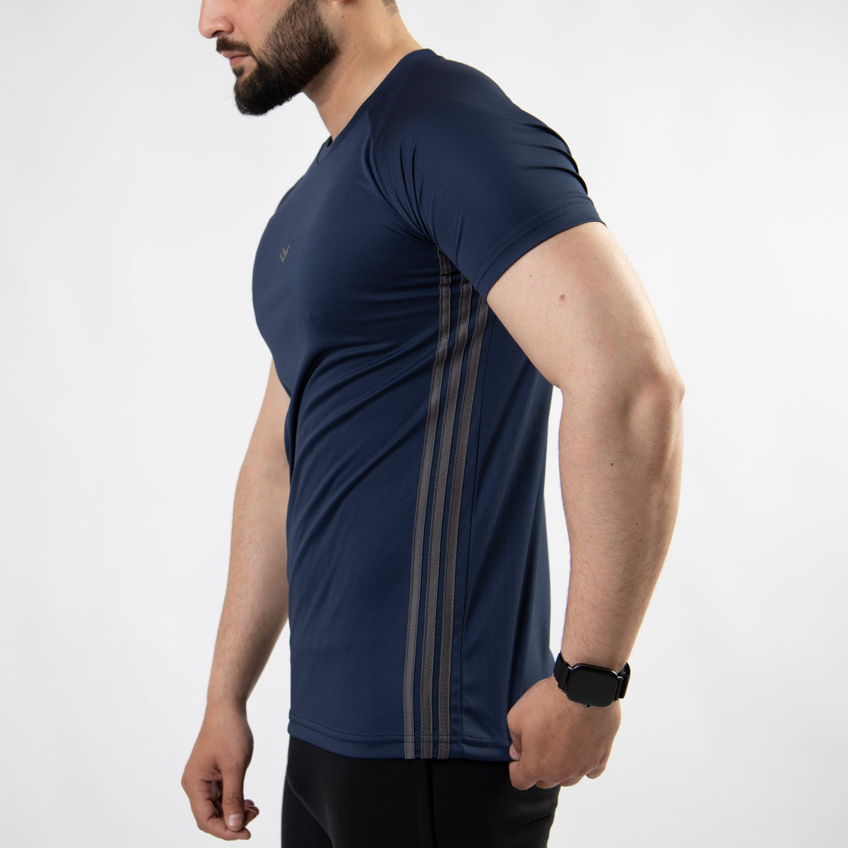 Navy Quick Dry Tee with Forward Three Gray Stripes