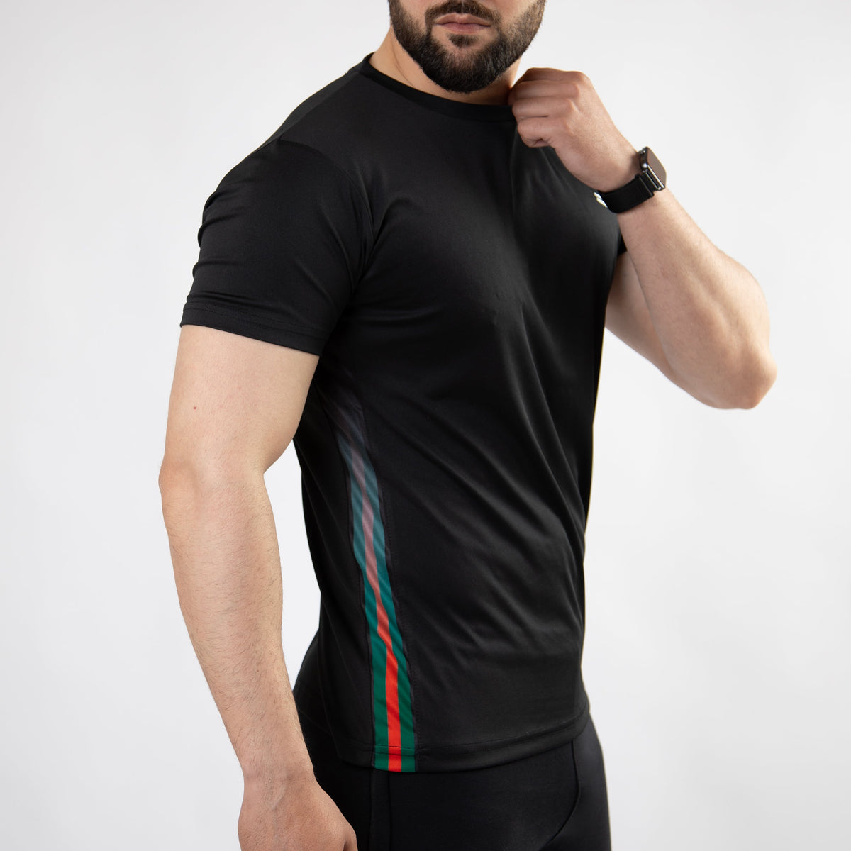 Black Quick Dry T-Shirt with Green &amp; Red Gradient Panels