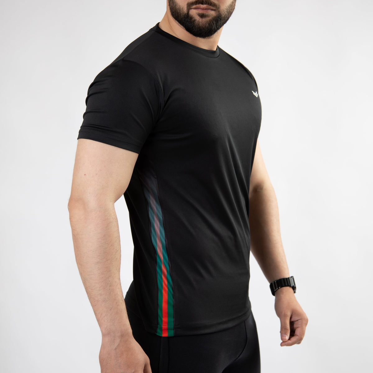 Black Quick Dry T-Shirt with Green &amp; Red Gradient Panels