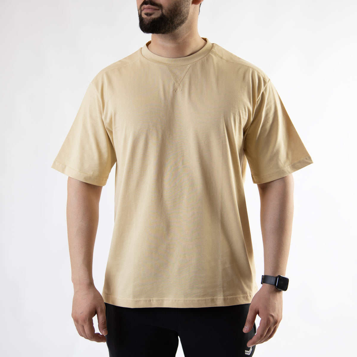 Beige Oversize T-Shirt with V-Notch in Contrast Detailing