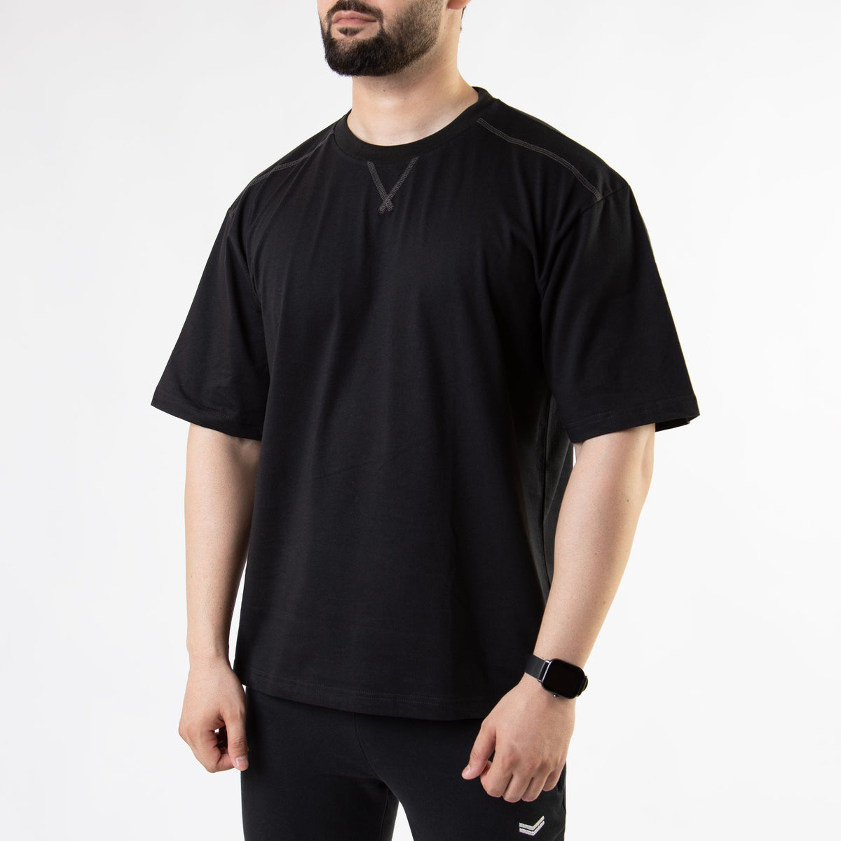 Black Oversize T-Shirt with V-Notch in Contrast Detailing