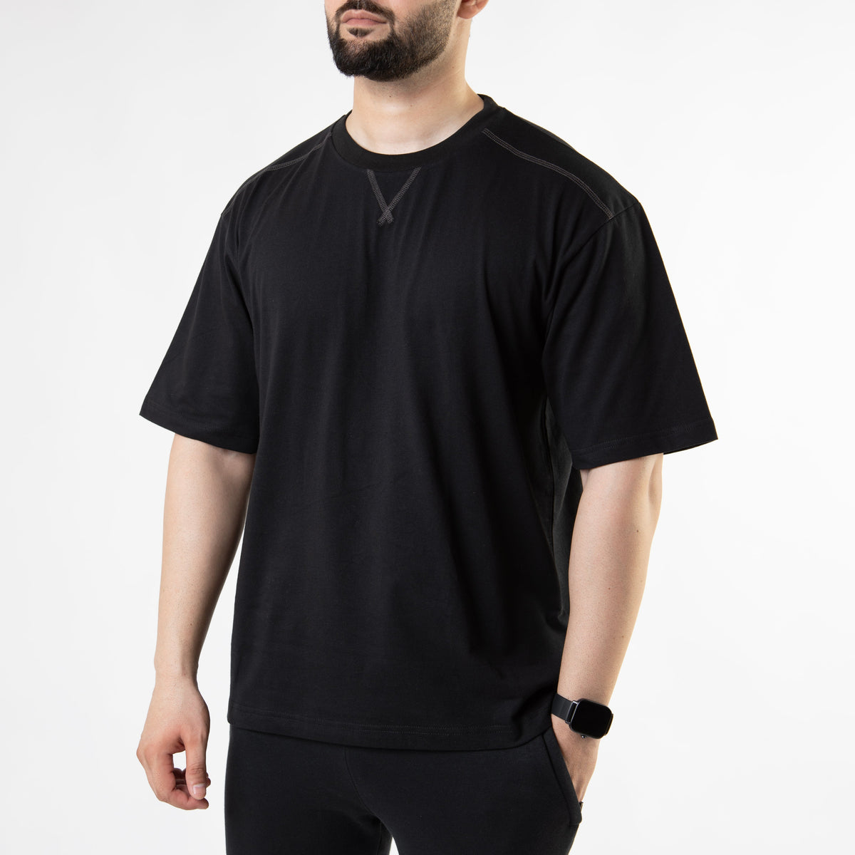 Black Oversize T-Shirt with V-Notch in Contrast Detailing