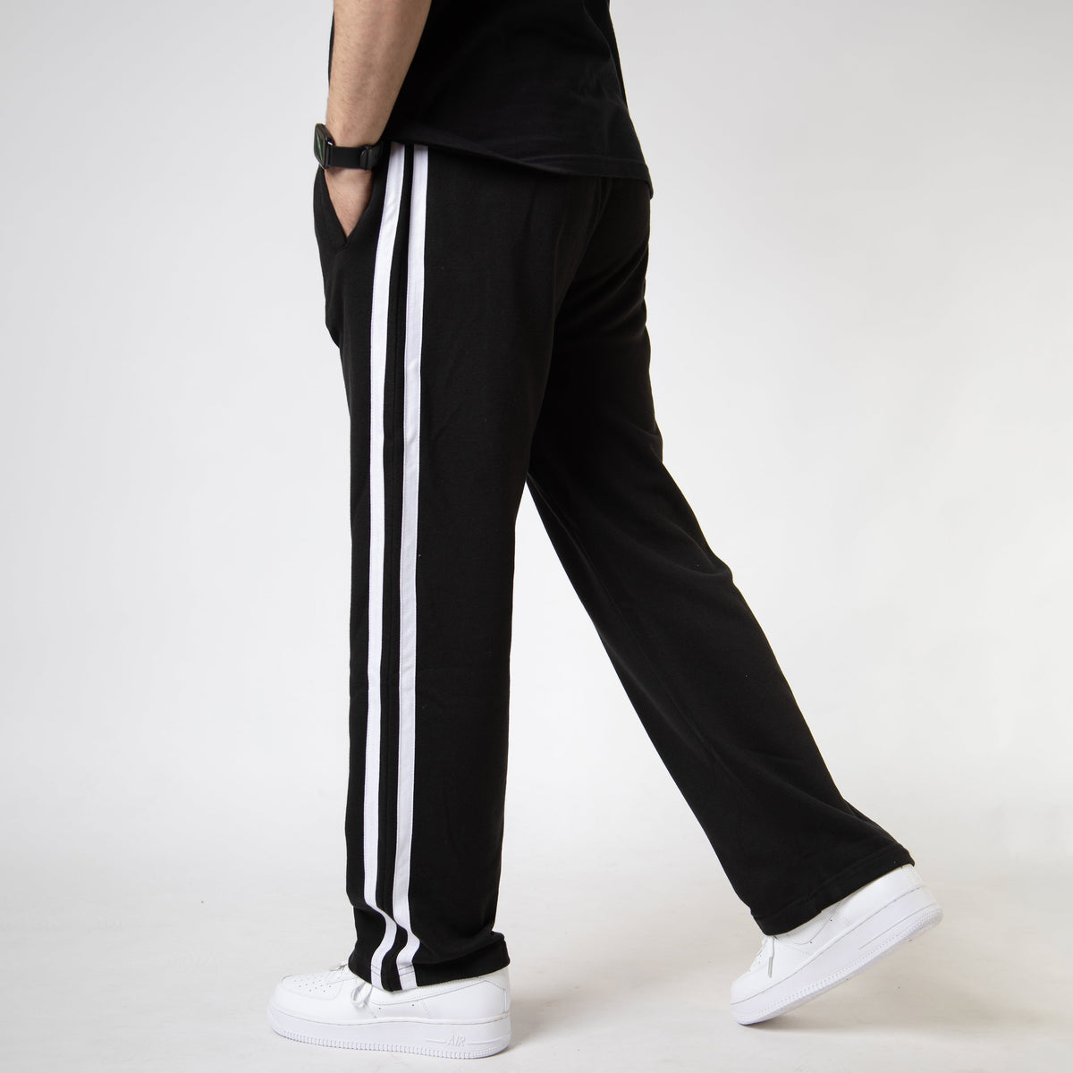 Black Wide Leg Trouser with Two White Stripes