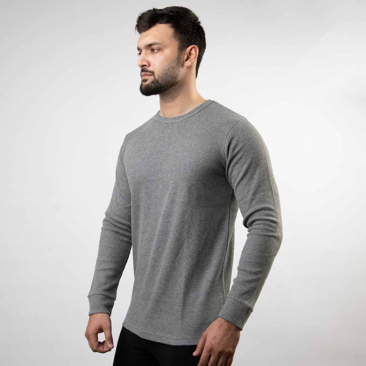 Gray Thermal Full Sleeves Waffle-Knit