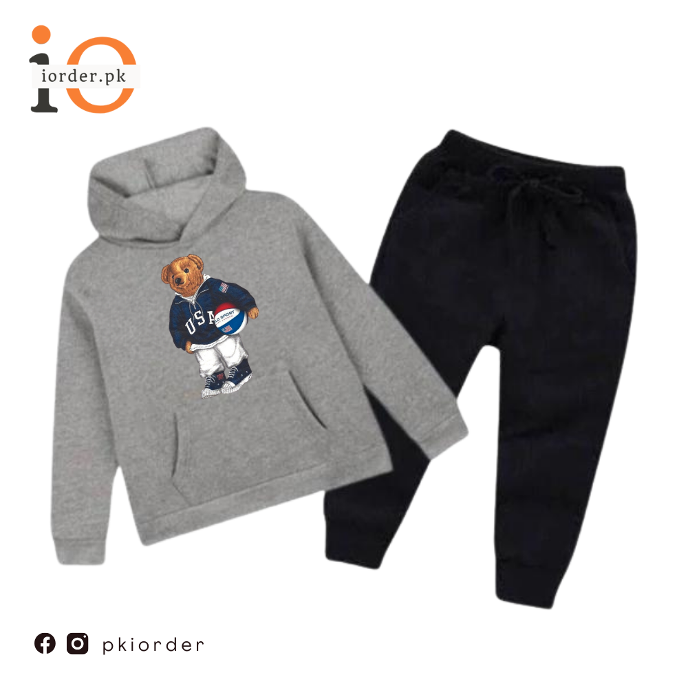 Hazel Grey Football Bear Printed Kids Hoodie Set