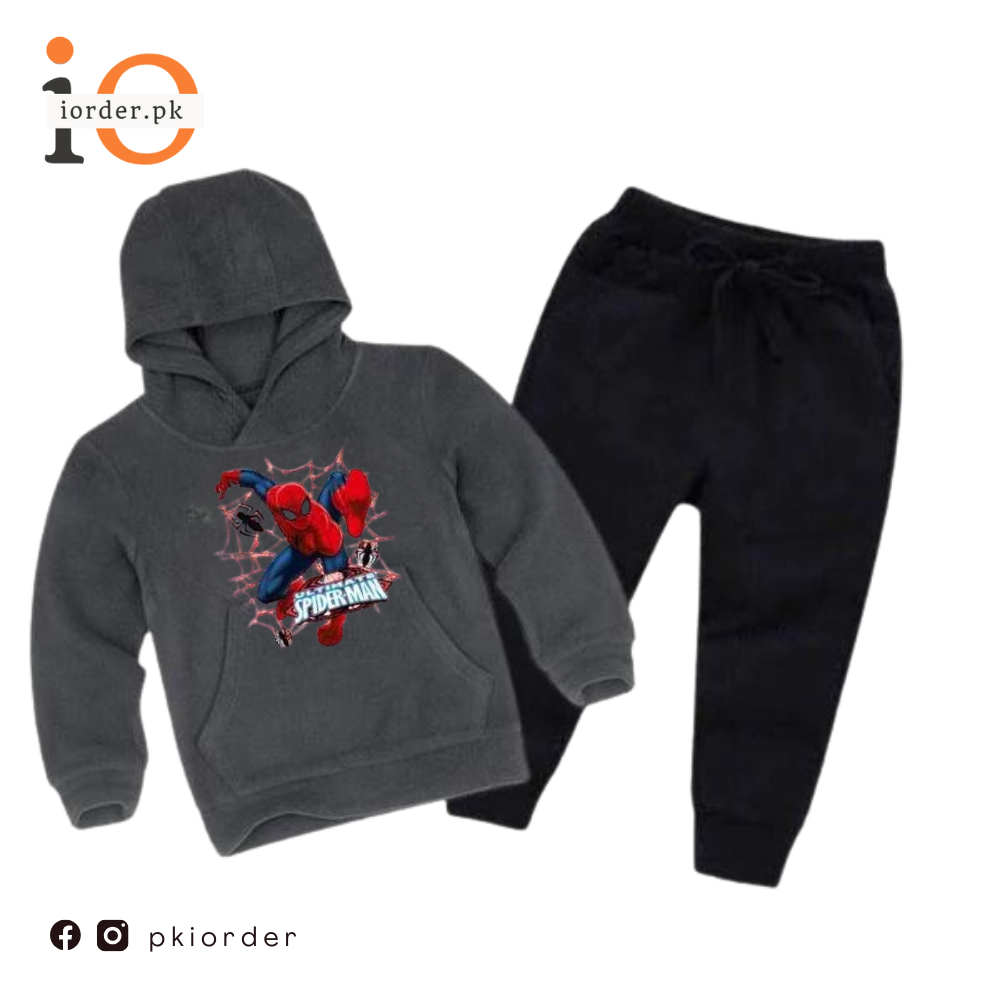 Grey Spiderman Printed Kids Hoodie Set