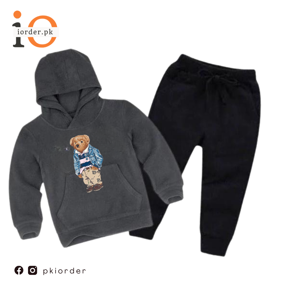 Grey Polo Bear Printed Kids Hoodie Set