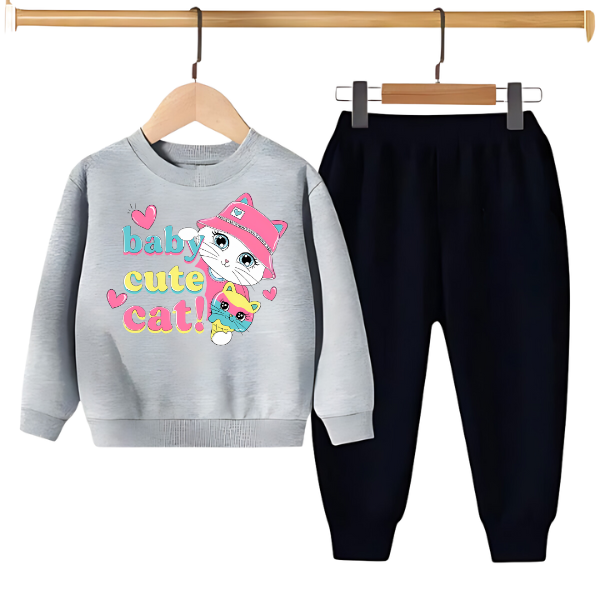 BABY CUTE CAT PRINTED SWEATSHIRT SET