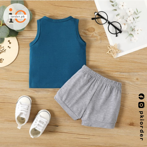 Blue Grey Sleeveless Shorts Set