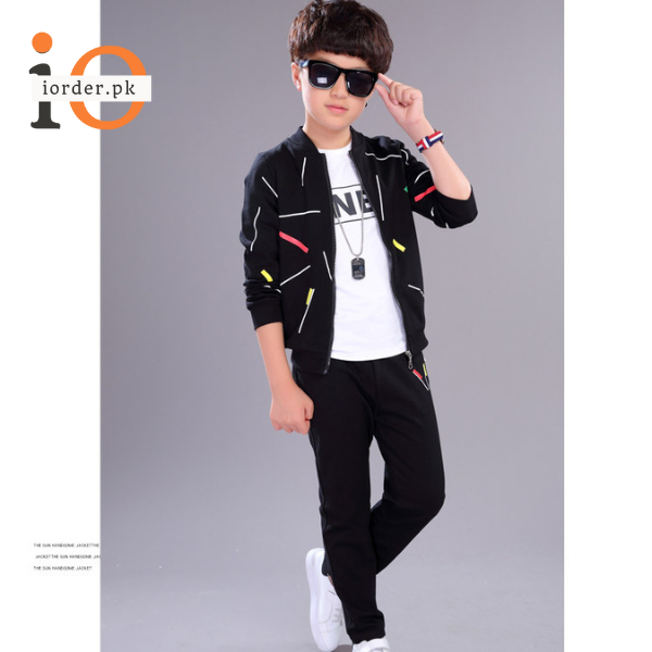 Kids Black Printed Zipper with Warm Black Trouser ( 3 Piece )