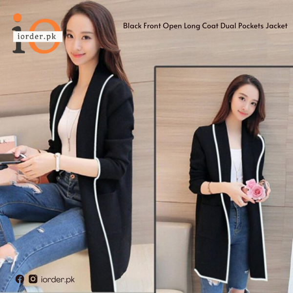 Black Front Open Long Coat Dual Pockets Jacket