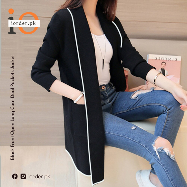 Black Front Open Long Coat Dual Pockets Jacket