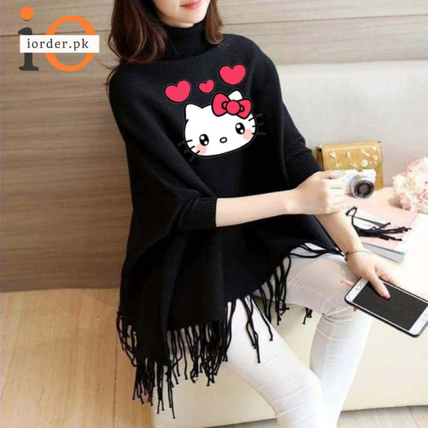 Black Kitty Printed Poncho