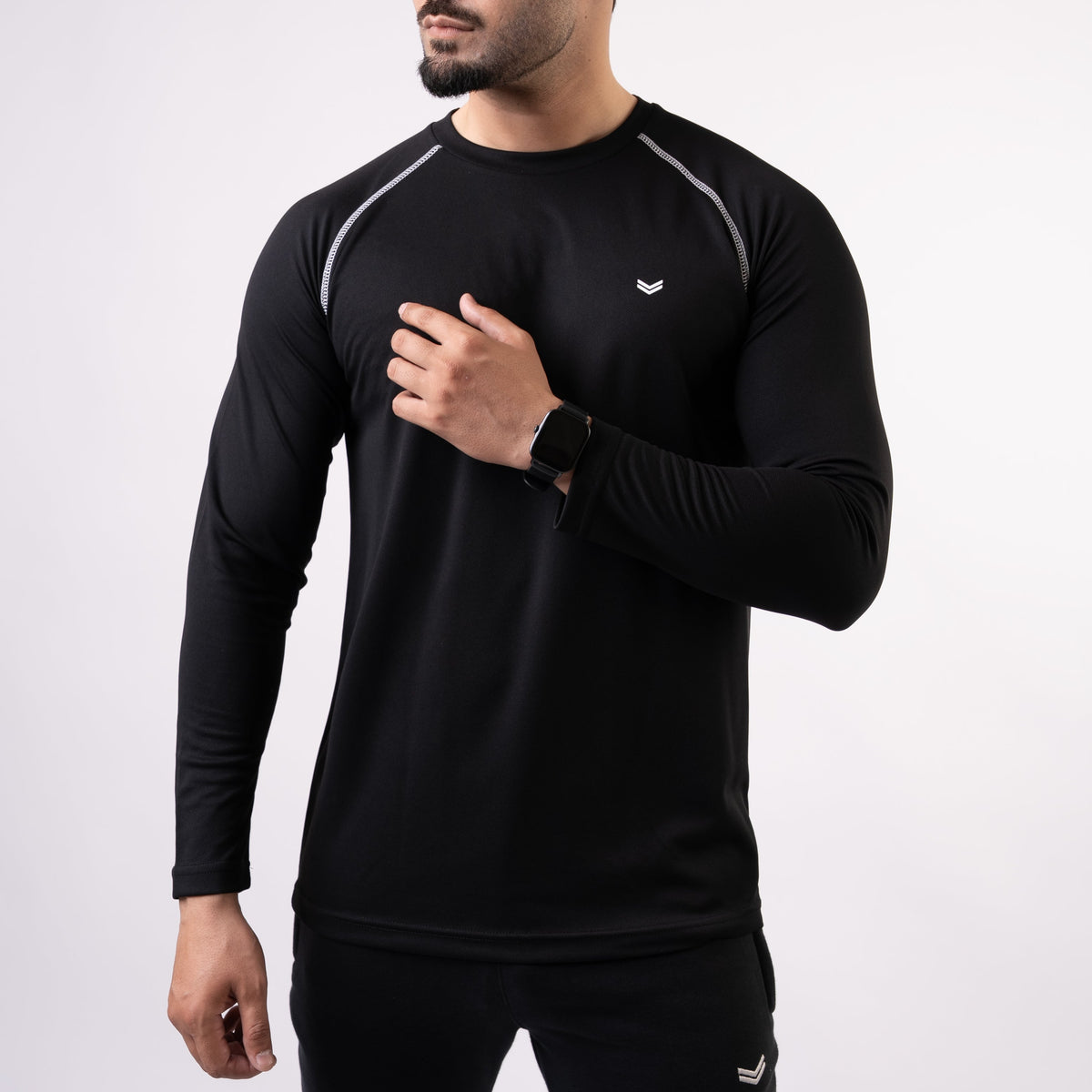 Black Fine Mesh Full Sleeves Tee with White 5 Thread