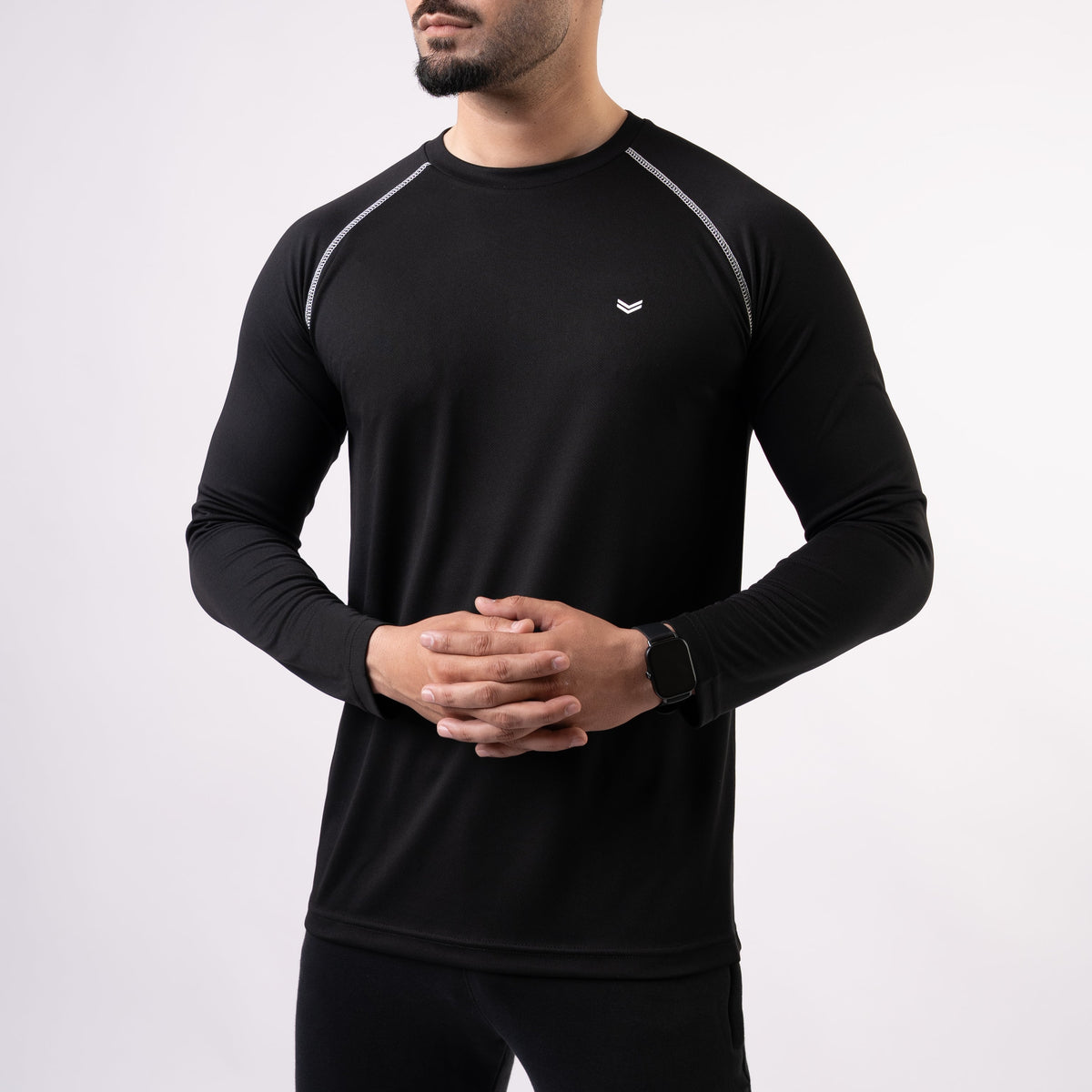 Black Fine Mesh Full Sleeves Tee with White 5 Thread