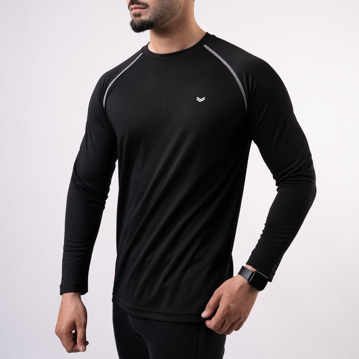 Black Fine Mesh Full Sleeves Tee with White 5 Thread