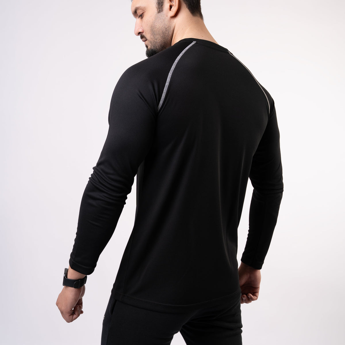 Black Fine Mesh Full Sleeves Tee with White 5 Thread