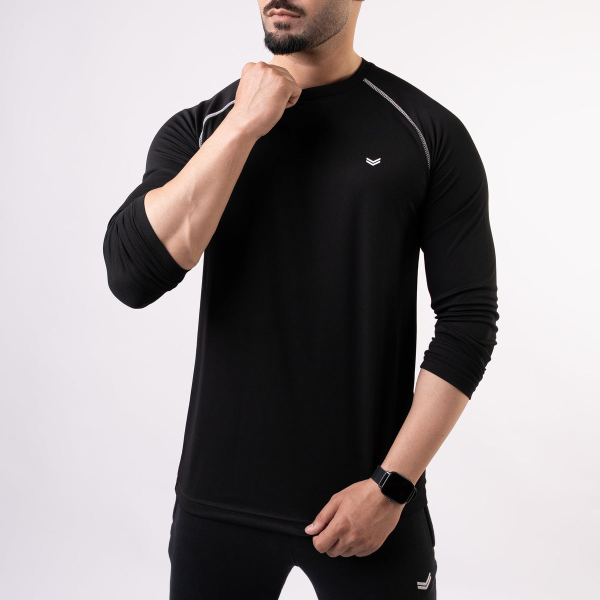 Black Fine Mesh Full Sleeves Tee with White 5 Thread