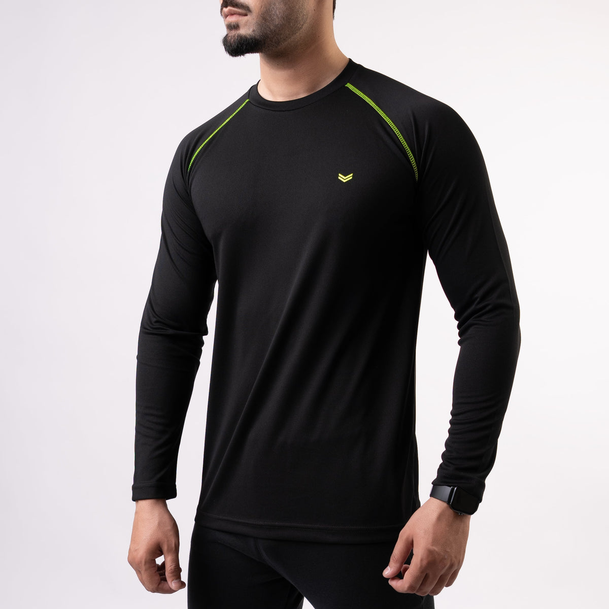 Black Fine Mesh Full Sleeves Tee with Neon 5 Thread