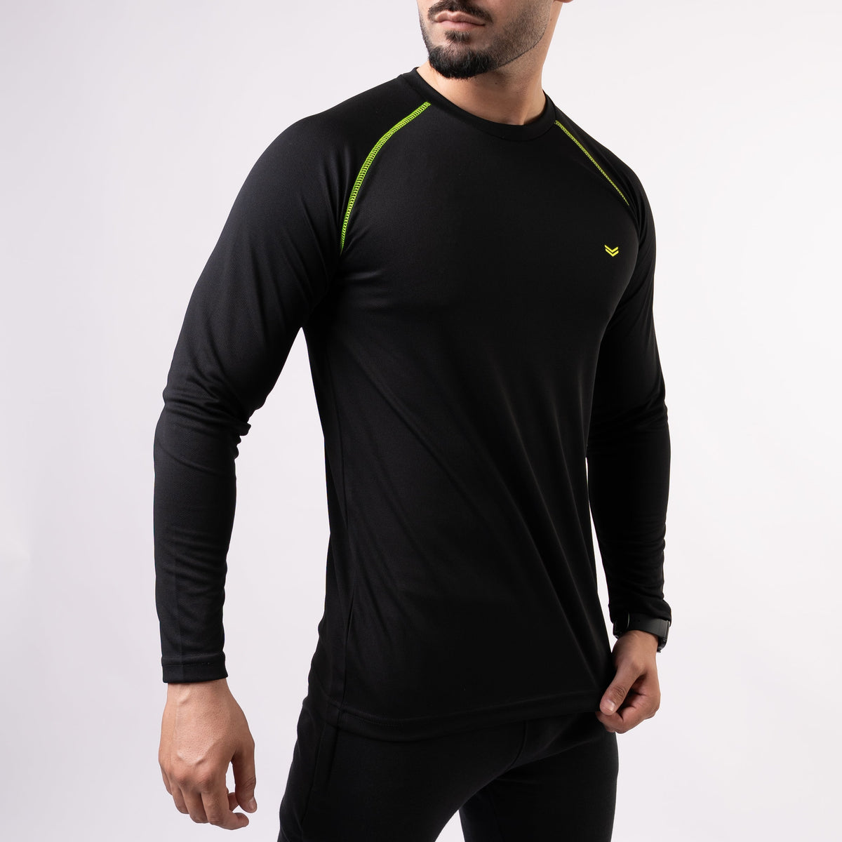 Black Fine Mesh Full Sleeves Tee with Neon 5 Thread